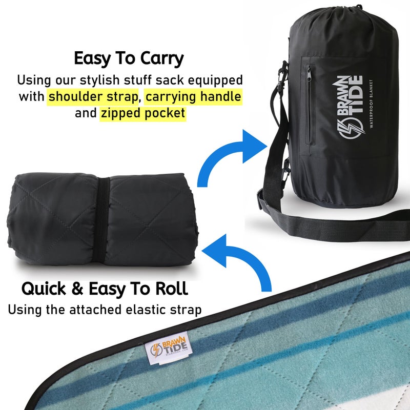 BRAWNTIDE Large Outdoor Waterproof Blanket - Thick Fleece, Warm, Windproof, Sandproof, Ideal for Camping, Picnics, Stadiums, Parks, Beaches, Includes Stuff Sack, Shoulder Strap (Teal Green) - Image 4