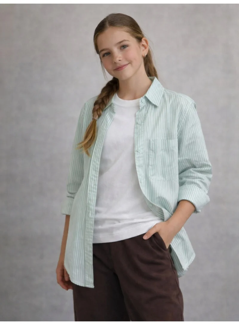 victor and jane Girls’ Oversized Striped Shirt – Button-Down with Chest Pocket (Mint)
