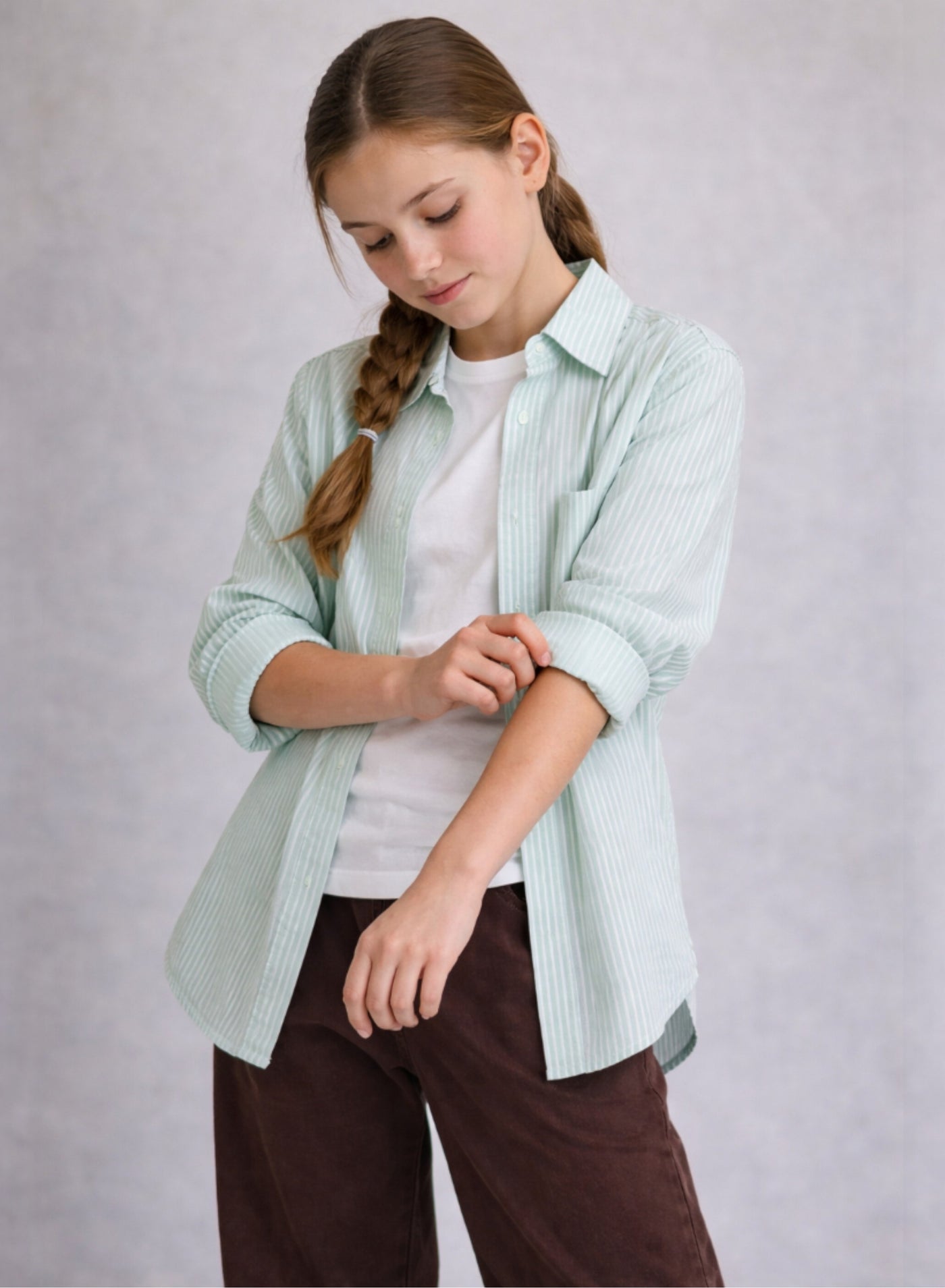 victor and jane Girls’ Oversized Striped Shirt – Button-Down with Chest Pocket (Mint)