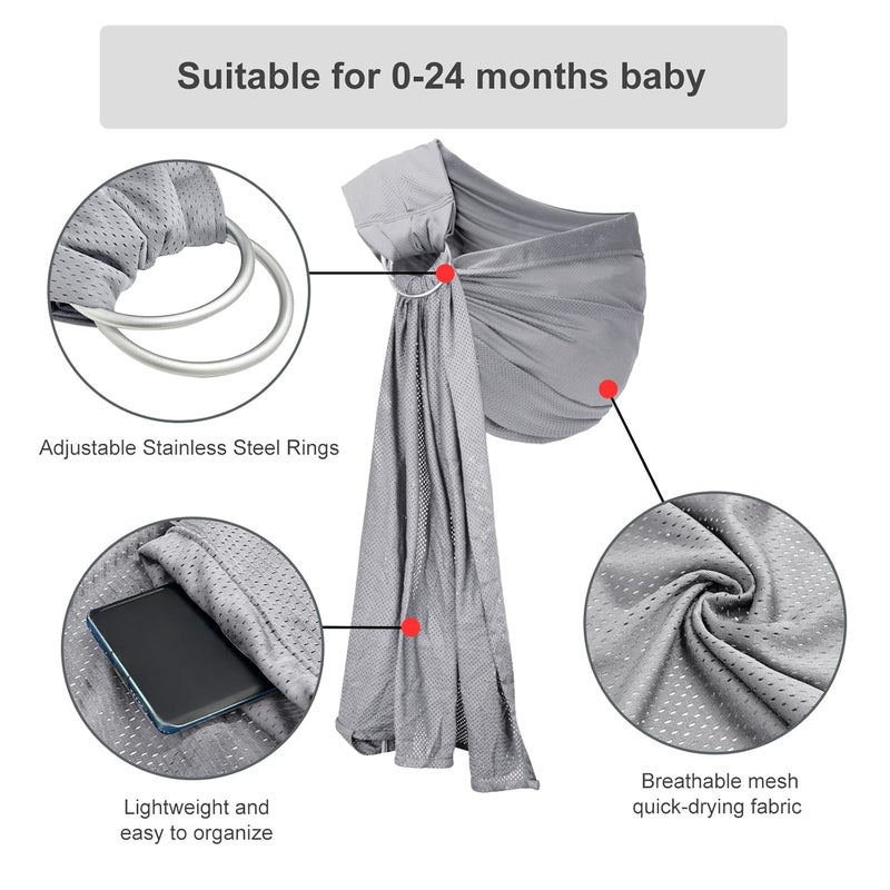 vrbabies Water Ring Sling Baby Carrier Adjustable Lightweight Breathable Newborn Carrier Sling for Summer Swimming Pool Beach Front Chest Mesh Infant Wrap Carrier for Baby Gift Light Grey - Image 4