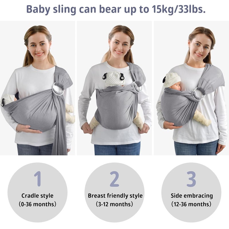 vrbabies Water Ring Sling Baby Carrier Adjustable Lightweight Breathable Newborn Carrier Sling for Summer Swimming Pool Beach Front Chest Mesh Infant Wrap Carrier for Baby Gift Light Grey - Image 5