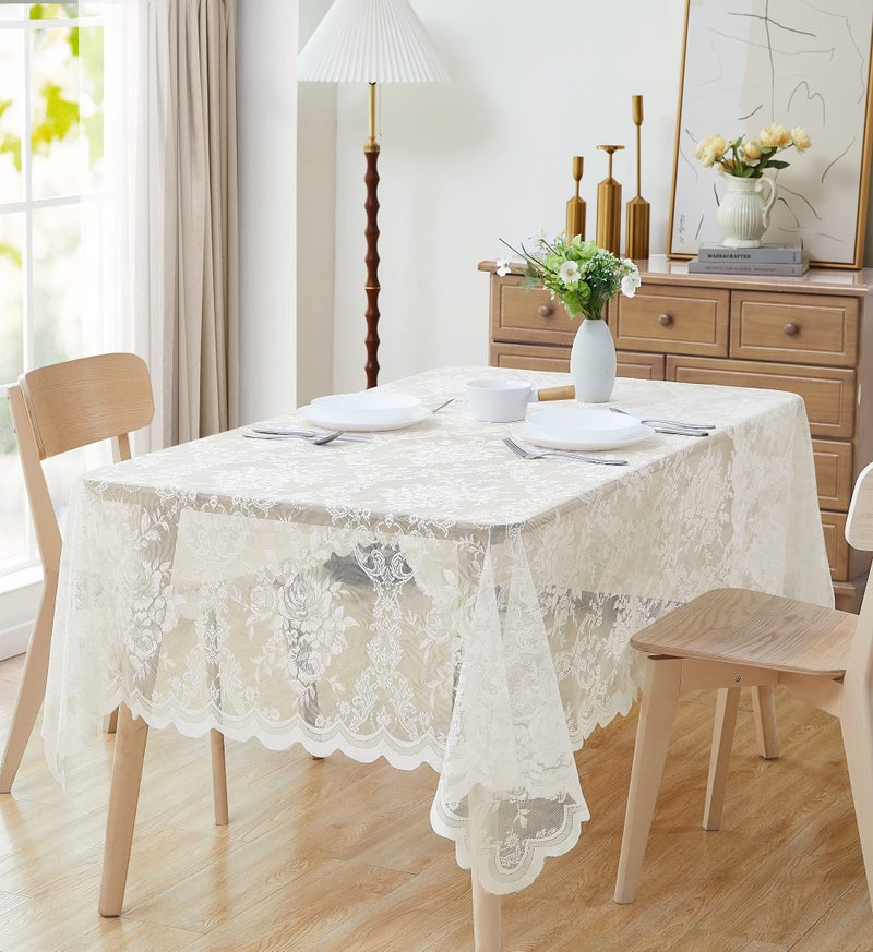 LinenZone Beautiful Oblong Lace Tablecloth with Elegant Scalloped Bottom for Any Special Event Such as Wedding Birthday Party Baby Shower Anniversary Sits 6 to 8 People Luna TC 60 x 84 Ivory