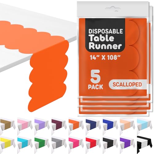 Swanoo Orange Plastic Disposable Table Runner 5 Pack 14 x 108 inch Scallop Table Runner Adds A Pop of Color to Your Party Table