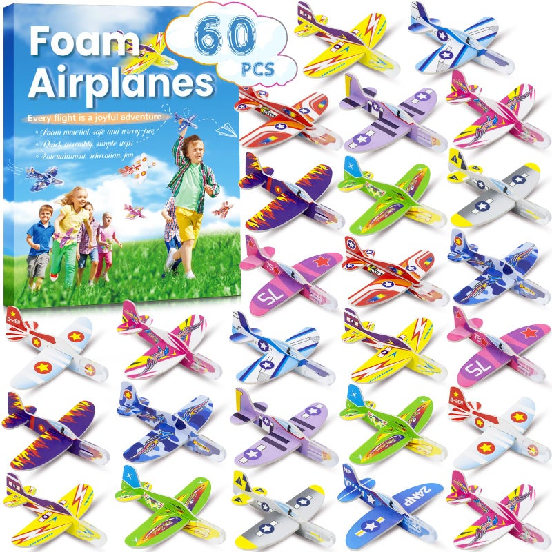 Diteryy 60 Pack Paper Airplanes for Kids Foam Plane Glider Planes Toys Bulk,Assorted ColorsEasy Throwing Paper Airplanes for Party Favors Birthday Classroom Valentines Easter Carnival Prizes Presents - Image 1