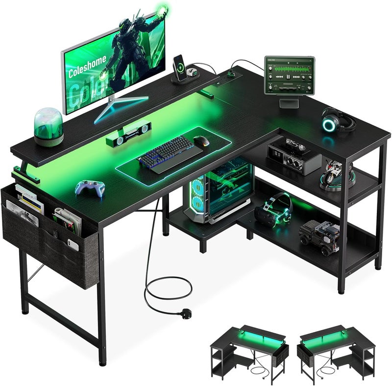 Coleshome L Shaped Gaming Desk with LED Lights, 100 × 70 cm Computer Desk with Power Outlet, Reversible Corner Gaming Table with Storage Shelves & Monitor Stand, Black - Image 1