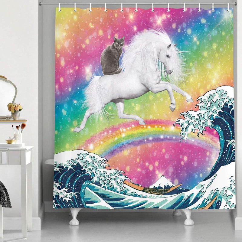 JAWO JAWO Funny Cat Shower Curtain  Cool Cat Riding Unicorn On Ocean Wave Colorful Bathroom Curtains  Rainbow Stars Kids Girls Shower Curtains Set with Hooks  69x70 inches - Image 2