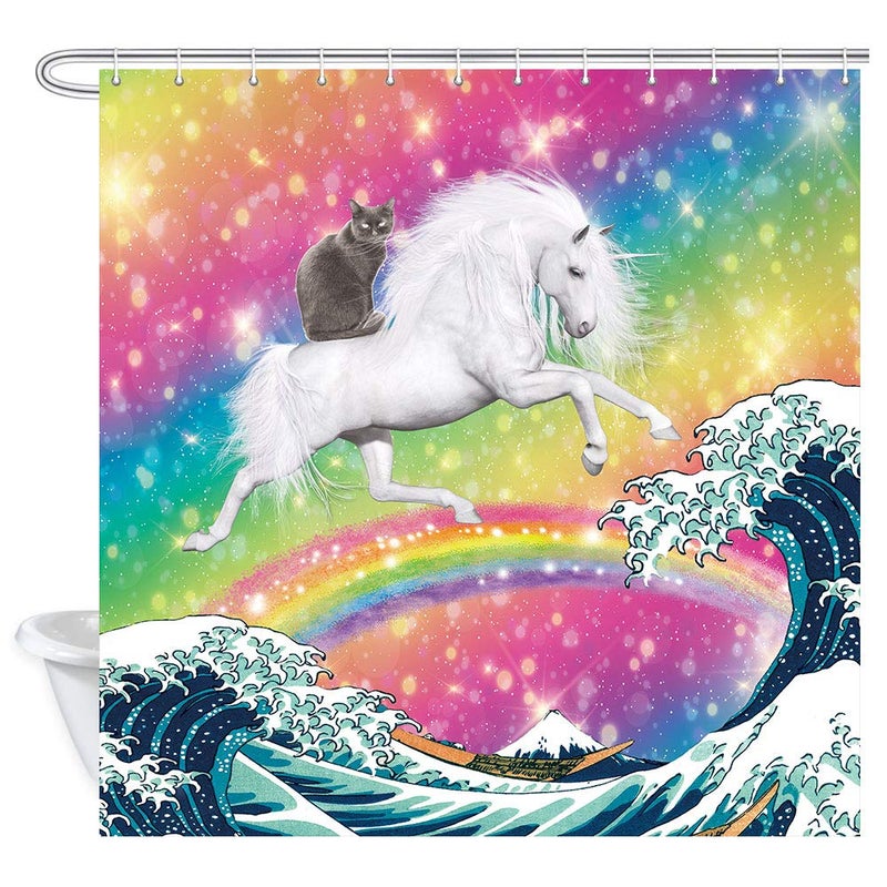 JAWO JAWO Funny Cat Shower Curtain  Cool Cat Riding Unicorn On Ocean Wave Colorful Bathroom Curtains  Rainbow Stars Kids Girls Shower Curtains Set with Hooks  69x70 inches - Image 3