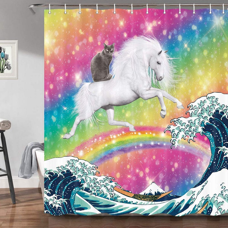 JAWO JAWO Funny Cat Shower Curtain  Cool Cat Riding Unicorn On Ocean Wave Colorful Bathroom Curtains  Rainbow Stars Kids Girls Shower Curtains Set with Hooks  69x70 inches - Image 1