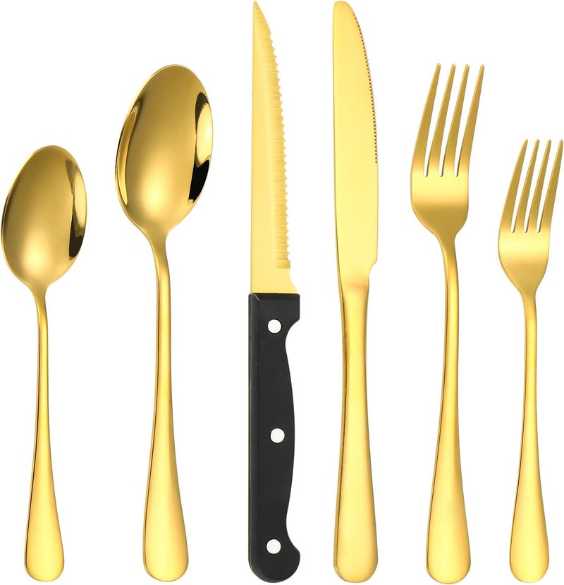 Lazycorner 53 Piece Gold Silverware Set for 8, Flatware Set with Steak Knives for 8 and 5 Public Serving Use Set 18/10 Stainless Steel Utensils Set Cutlery Set For Restaurant Hotel Dishwasher Safe - Image 3