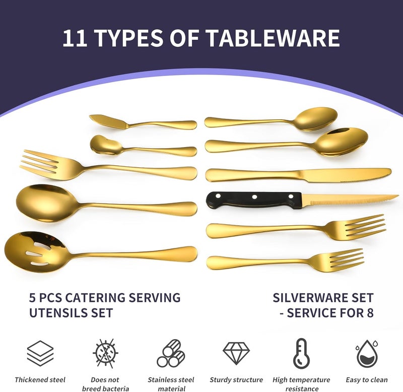 Lazycorner 53 Piece Gold Silverware Set for 8, Flatware Set with Steak Knives for 8 and 5 Public Serving Use Set 18/10 Stainless Steel Utensils Set Cutlery Set For Restaurant Hotel Dishwasher Safe - Image 2