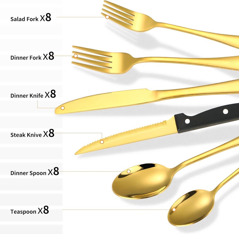 Lazycorner 53 Piece Gold Silverware Set for 8, Flatware Set with Steak Knives for 8 and 5 Public Serving Use Set 18/10 Stainless Steel Utensils Set Cutlery Set For Restaurant Hotel Dishwasher Safe - Image 4