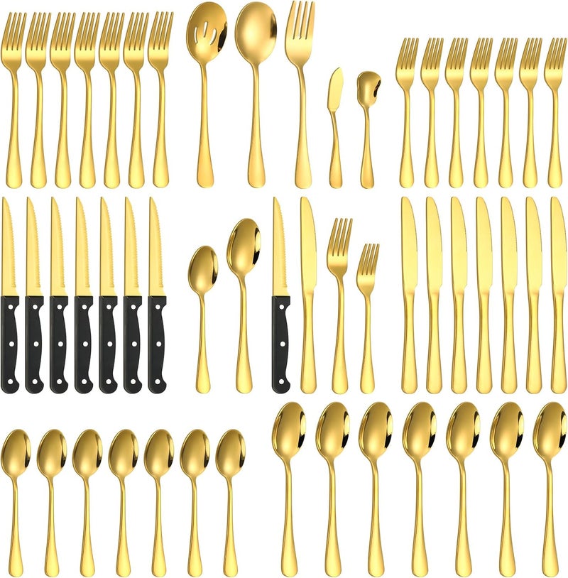 Lazycorner 53 Piece Gold Silverware Set for 8, Flatware Set with Steak Knives for 8 and 5 Public Serving Use Set 18/10 Stainless Steel Utensils Set Cutlery Set For Restaurant Hotel Dishwasher Safe - Image 1