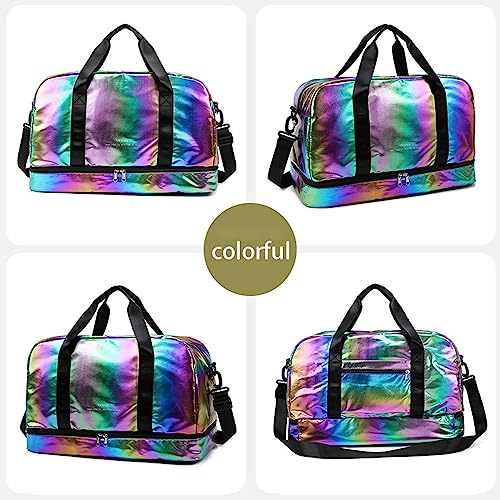 Aikelai Holographic Shimmering Gym Duffle Bag with Shoes Compartment & Wet Pocket, Women Weekend Overnight Travel Bag Gymnastic Dance Bag for Girl (colorful) - Image 2