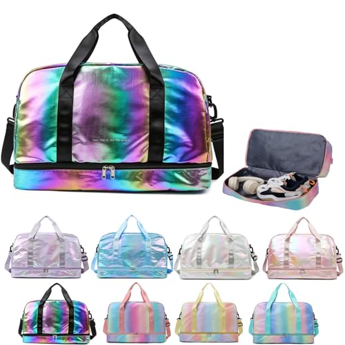 Aikelai Holographic Shimmering Gym Duffle Bag with Shoes Compartment & Wet Pocket, Women Weekend Overnight Travel Bag Gymnastic Dance Bag for Girl (colorful) - Image 1