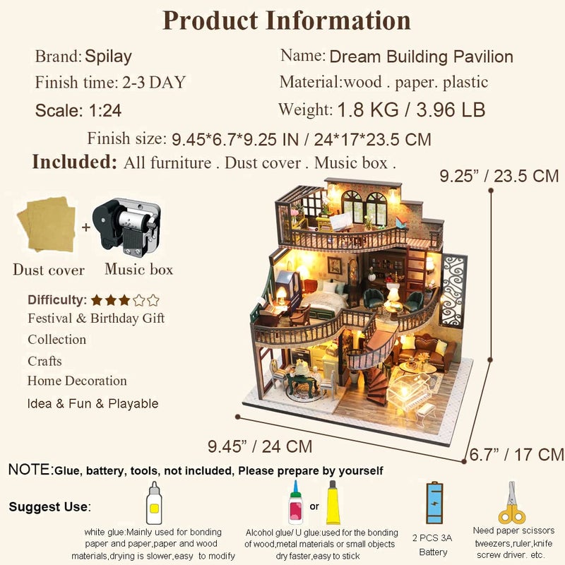 Spilay DIY Miniature Dollhouse Kit with Wooden Furniture,1:24 Scale Mini House with Dust Proof Cover & Music Box,Best Valentine's Day (M2132) - Image 4
