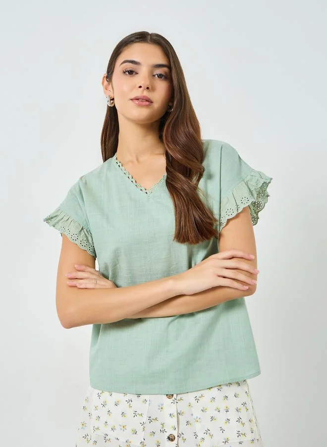 تايك تو بلوزة قطن سادة بأكمام مكشكشة