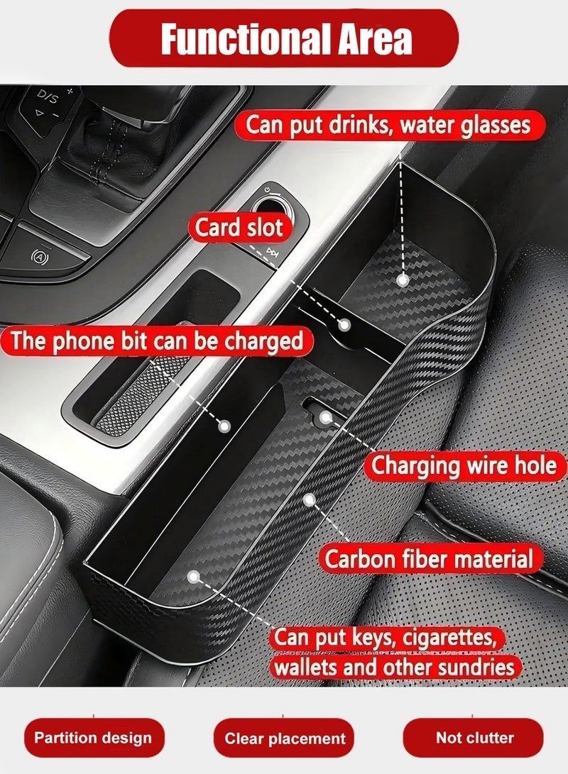 Car Seat Gap Filler 2 Pack Car Storage Box Seat Organizer Car Console Storage with Cup Holder and Charging Cable Hole for Cups, Cell Phones, Keys, Chargers (Carbon Fiber Pattern) - Image 3
