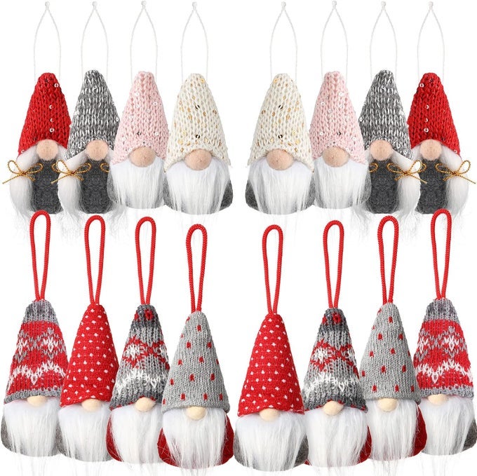SET OF 16 CHRISTMAS TREE GNOME ORNAMENTS HANDMADE HANGING SWEDISH PLUSH GNOMES SANTA ELF CHRISTMAS TREE DECORATIONS SCANDINAVIAN ELF ORNAMENTS WITH HAT BEARD FOR XMAS HOME DECOR 8 STYLE