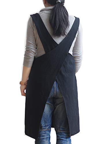 AOBBYBBS Soft Cotton Linen Apron Solid Color Halter Cross Bandage Aprons Japan Japanese Style X Shape Kitchen Cooking Clothes Gift for Women Chef Housewarming (Black) - Image 1