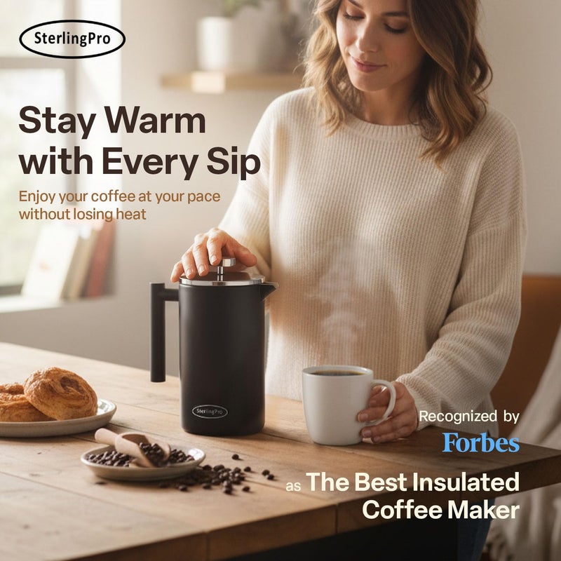 SterlingPro Extra Large French Press Coffee Maker 59 oz (1.75L), Large Capacity Stainless Steel Big French Press XL, Thermal Insulated Black Coffee Maker with Double Walled Insulation, Mirror - Image 2