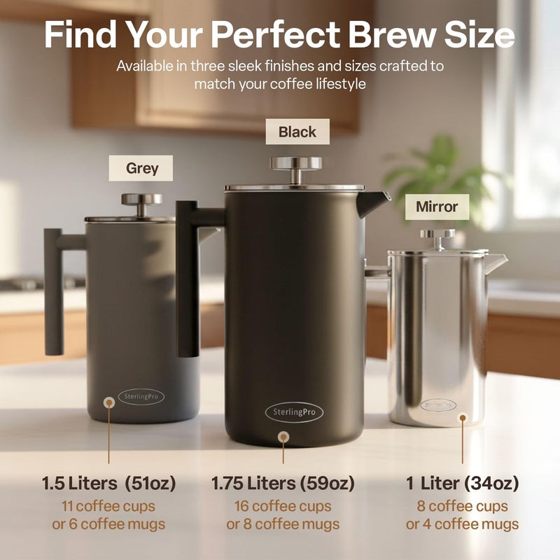 SterlingPro Extra Large French Press Coffee Maker 59 oz (1.75L), Large Capacity Stainless Steel Big French Press XL, Thermal Insulated Black Coffee Maker with Double Walled Insulation, Mirror - Image 3