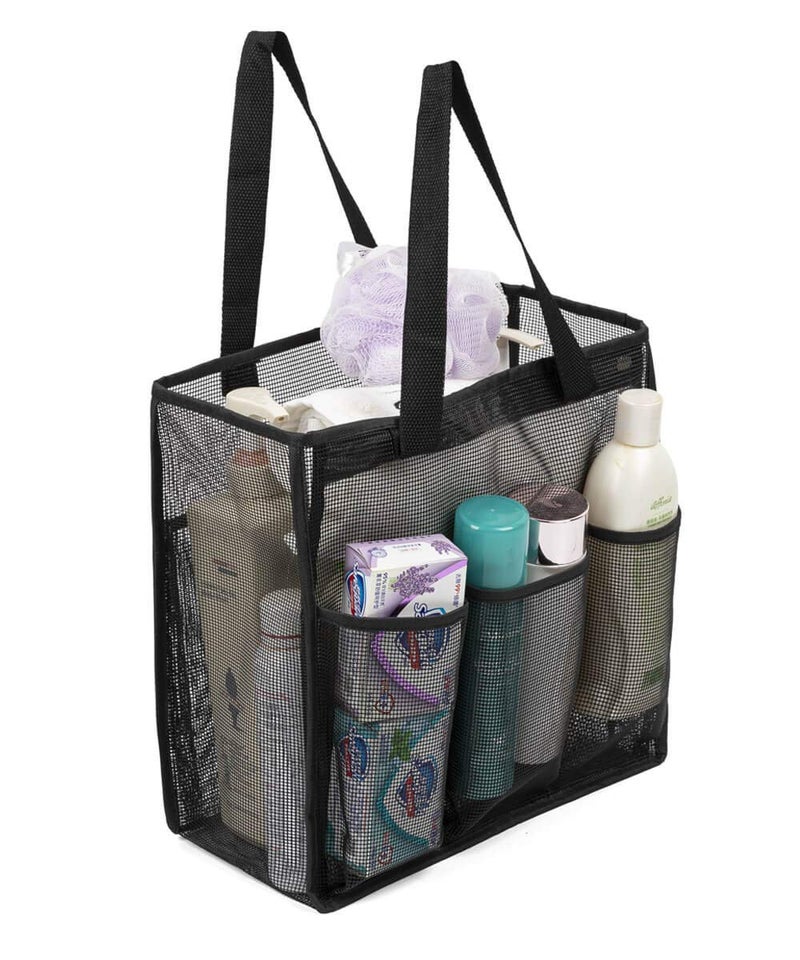 ALYER Big Mesh Shower Bag Tote,Portable Dry Wet Separation Bath Organizer with a Clear Zippered PVC Pocket (Black) - Image 1