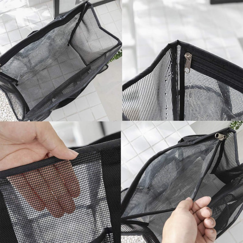 ALYER Big Mesh Shower Bag Tote,Portable Dry Wet Separation Bath Organizer with a Clear Zippered PVC Pocket (Black) - Image 3