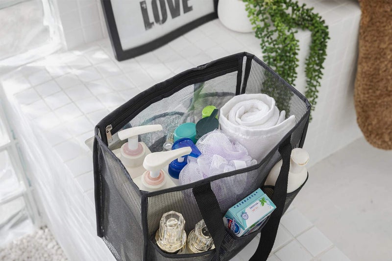 ALYER Big Mesh Shower Bag Tote,Portable Dry Wet Separation Bath Organizer with a Clear Zippered PVC Pocket (Black) - Image 5