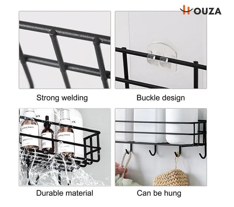 HOUZA Self Adhesive Bathroom Shelf for Wall/Shelf Organizer/Kitchen Shelf with Magic Stickers - Pack of 2 (Black, Powder Coated) - Image 4