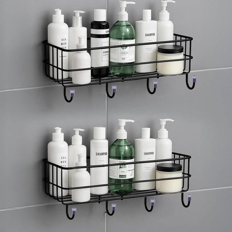 HOUZA Self Adhesive Bathroom Shelf for Wall/Shelf Organizer/Kitchen Shelf with Magic Stickers - Pack of 2 (Black, Powder Coated) - Image 1