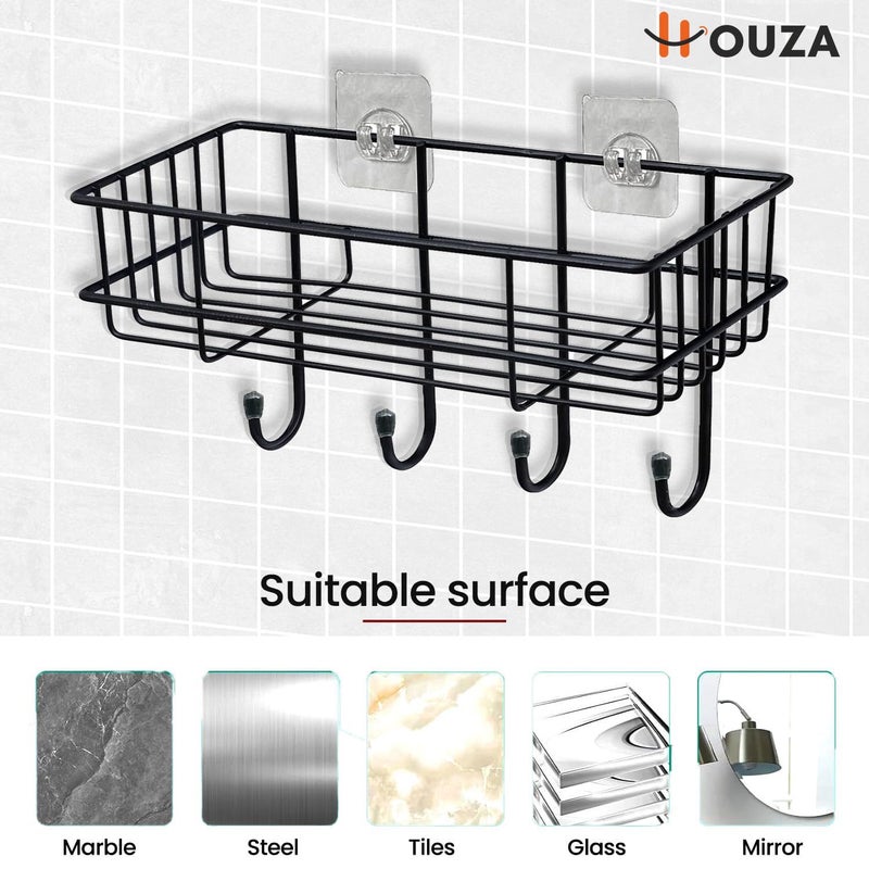 HOUZA Self Adhesive Bathroom Shelf for Wall/Shelf Organizer/Kitchen Shelf with Magic Stickers - Pack of 2 (Black, Powder Coated) - Image 3