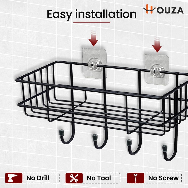 HOUZA Self Adhesive Bathroom Shelf for Wall/Shelf Organizer/Kitchen Shelf with Magic Stickers - Pack of 2 (Black, Powder Coated) - Image 2