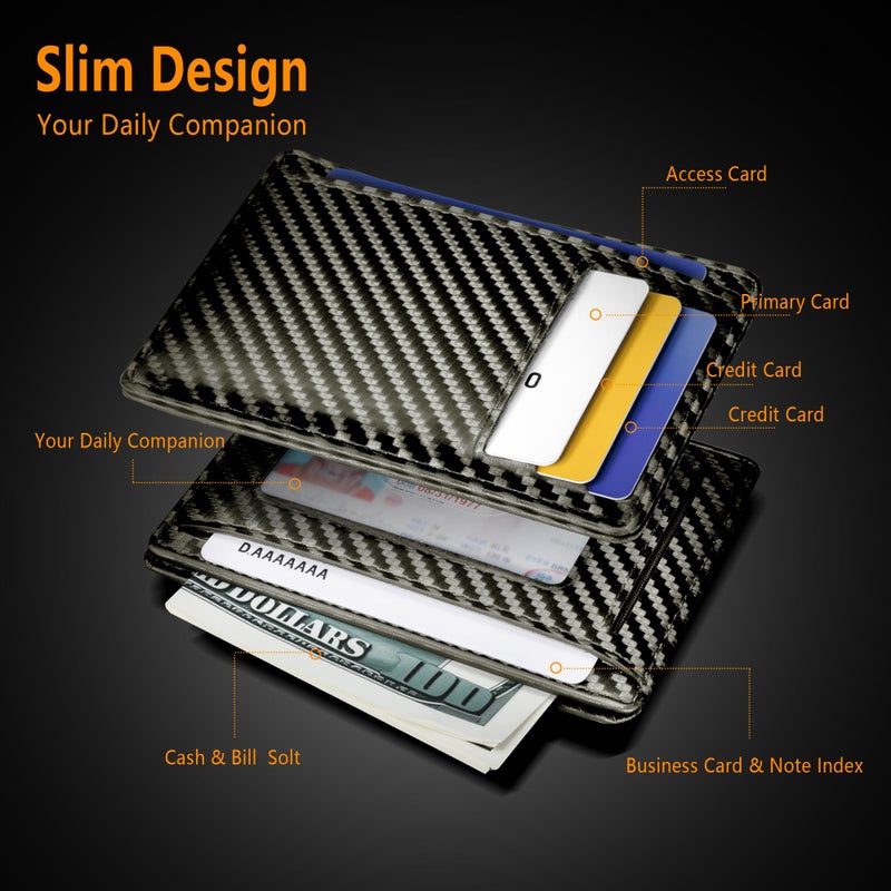 Travelambo Front Pocket Minimalist Leather Slim Wallet RFID Blocking Carbon Fiber Texture(Black) - Image 3