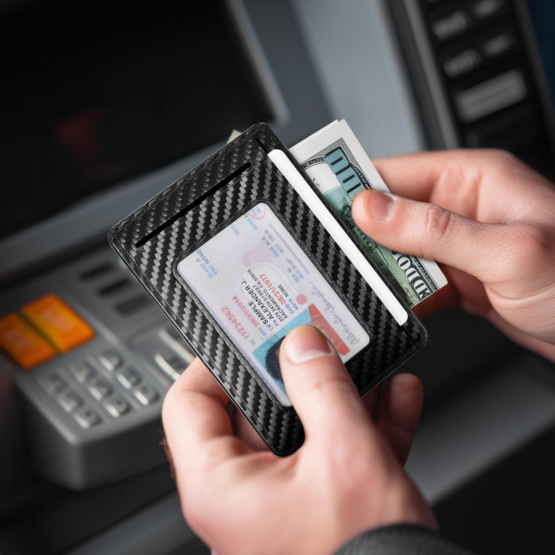 Travelambo Front Pocket Minimalist Leather Slim Wallet RFID Blocking Carbon Fiber Texture(Black) - Image 4