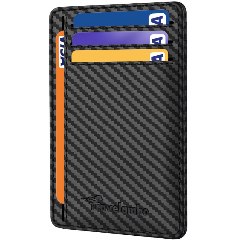 Travelambo Front Pocket Minimalist Leather Slim Wallet RFID Blocking Carbon Fiber Texture(Black) - Image 1