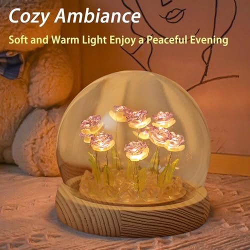 One94Store Rose LED Night Lamp | Wooden Base Circle Shape with 9 Artificial Dual Shade Rose Flowers (Purple & White) | Table Decoration Light for Bedroom, Party, Birthday - Image 3