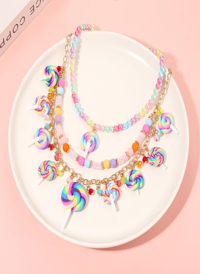 HSWE Lollipop Candy Layered Necklaces for Women Novelty Colorful Crystal Beads Sweet Candy Lollipop Cake Pendant Choker Necklace Cute Funny Birthday Halloween Holiday Party Jewelry Gift (B Pearl Beads Lollipop Necklace2574, 1) - Image 3