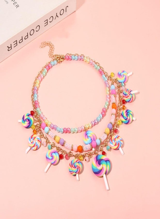 HSWE Lollipop Candy Layered Necklaces for Women Novelty Colorful Crystal Beads Sweet Candy Lollipop Cake Pendant Choker Necklace Cute Funny Birthday Halloween Holiday Party Jewelry Gift (B Pearl Beads Lollipop Necklace2574, 1) - Image 2