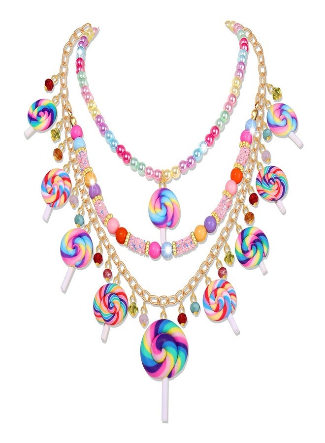 HSWE Lollipop Candy Layered Necklaces for Women Novelty Colorful Crystal Beads Sweet Candy Lollipop Cake Pendant Choker Necklace Cute Funny Birthday Halloween Holiday Party Jewelry Gift (B Pearl Beads Lollipop Necklace2574, 1) - Image 1