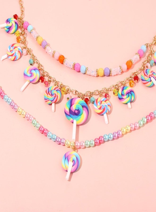 HSWE Lollipop Candy Layered Necklaces for Women Novelty Colorful Crystal Beads Sweet Candy Lollipop Cake Pendant Choker Necklace Cute Funny Birthday Halloween Holiday Party Jewelry Gift (B Pearl Beads Lollipop Necklace2574, 1) - Image 4