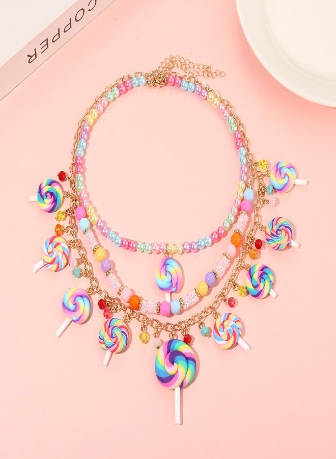 HSWE Lollipop Candy Layered Necklaces for Women Novelty Colorful Crystal Beads Sweet Candy Lollipop Cake Pendant Choker Necklace Cute Funny Birthday Halloween Holiday Party Jewelry Gift (B Pearl Beads Lollipop Necklace2574, 1) - Image 5