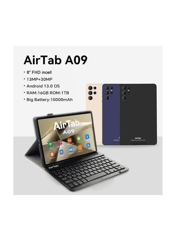 AirTab - AirTab 8 -Inch Smart Tablet A09 Android 13 Tablet With 1TB Storage and 16GB RAM Quad Core Wi-Fi LTE Dual Sim with Keyboard - Black - Image 1