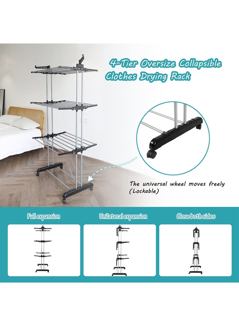 Taimi 4-Tier Foldable Clothes Drying Rack, Stainless Steel Clothes Dryer with Wheels for Indoor and Outdoor Use, Silver/Black - Image 4