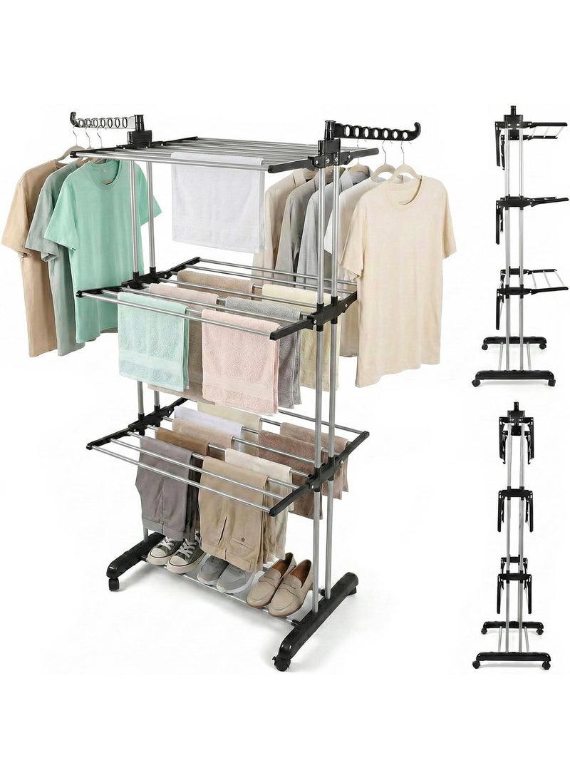 Taimi 4-Tier Foldable Clothes Drying Rack, Stainless Steel Clothes Dryer with Wheels for Indoor and Outdoor Use, Silver/Black - Image 1