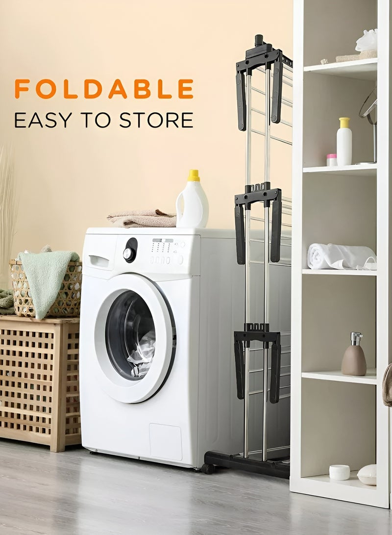 Taimi 4-Tier Foldable Clothes Drying Rack, Stainless Steel Clothes Dryer with Wheels for Indoor and Outdoor Use, Silver/Black - Image 5