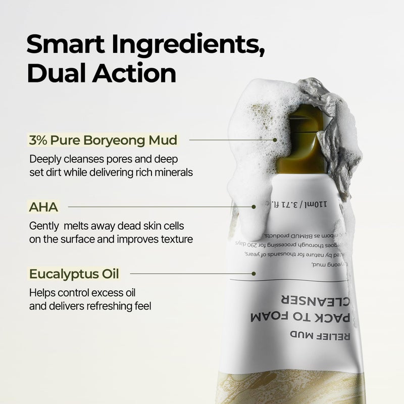 BRMUD Relief Mud Pack to Foam Cleanser - 2-in-1 Purifying & Hydrating Korean Foaming Clay Mask Facial Cleanser for Pore & Sebum Control - Makeup Cleansing Face Wash Korean Skincare (3.71 fl oz) - Image 5