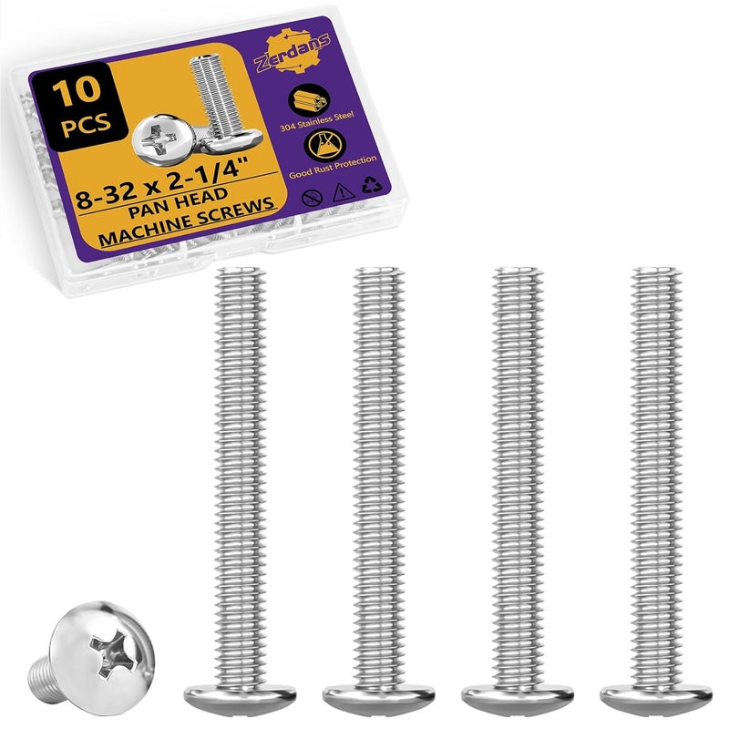 ZerDans 8-32 x 2-1/4" Machine Screws, 10 PCS Phillips Pan Head Electrical Outlet Machine Screws 304 Stainless Steel, Wall Plate Receptacles Mounting for Switch Plate, Cabinet Door and Drawer - Image 1