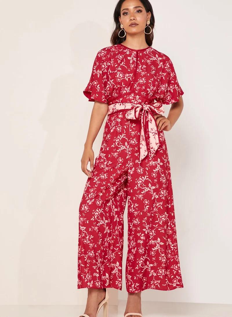 Keepsake Depend Floral Print Tie Waist Wide Leg Jumpsuit