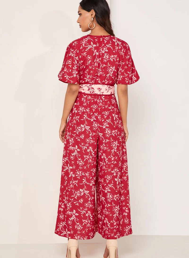 Keepsake Depend Floral Print Tie Waist Wide Leg Jumpsuit