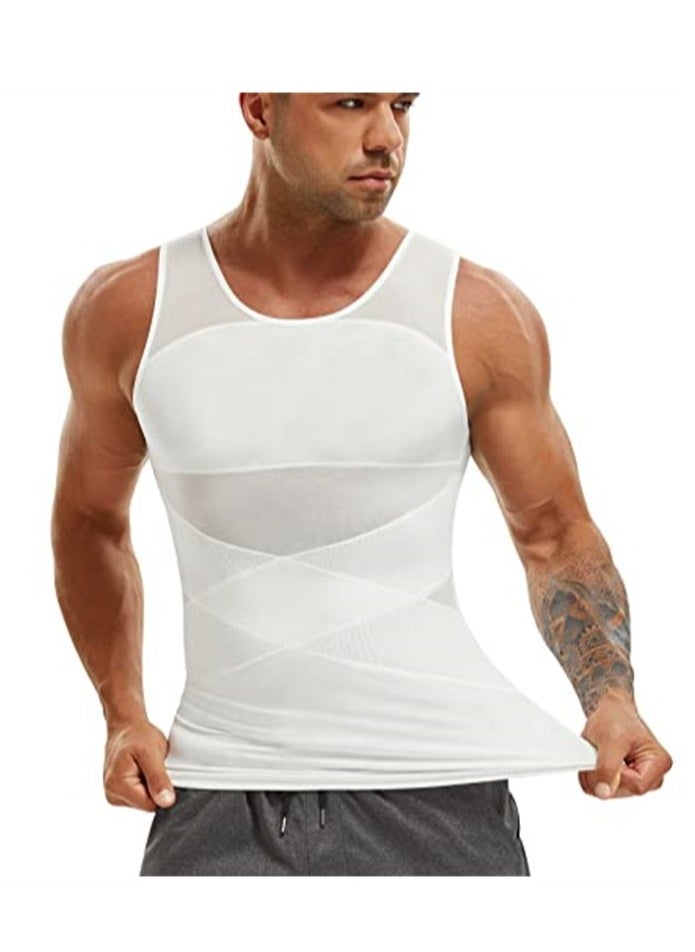 VIUAUAX - Compression Shirt for Men Slimming Undershirt Body Shaper Tank top for gynecomastia Sleeveless Shapewear Vest Men White L - Image 1